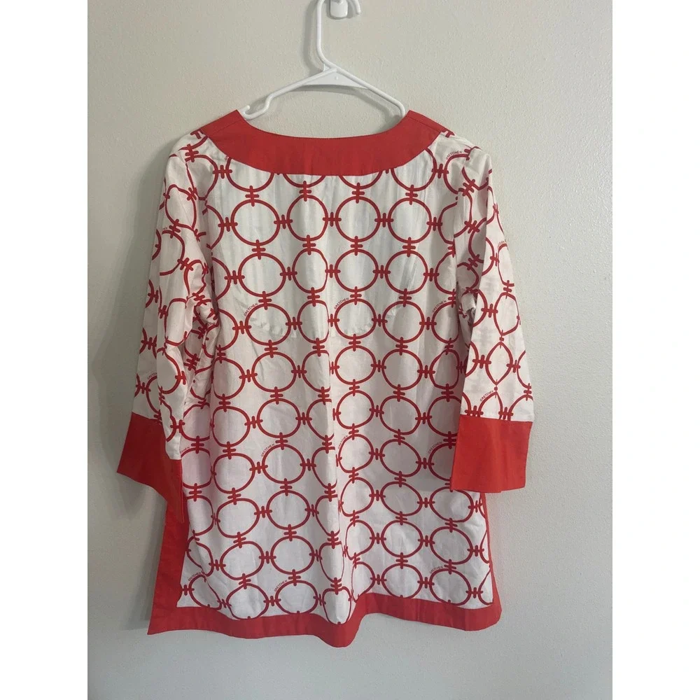 Gretchen Scott Designs Red White Geometric Link Tunic‎ Top Split Neck Large